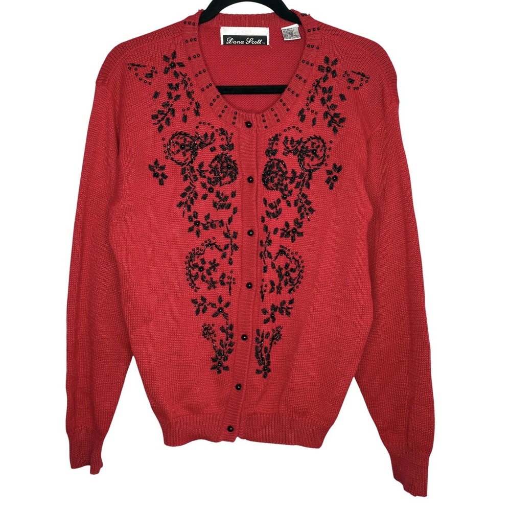VTG Dana Scott Beaded Cardigan Sweater Large Holiday Christmas Crewneck Red